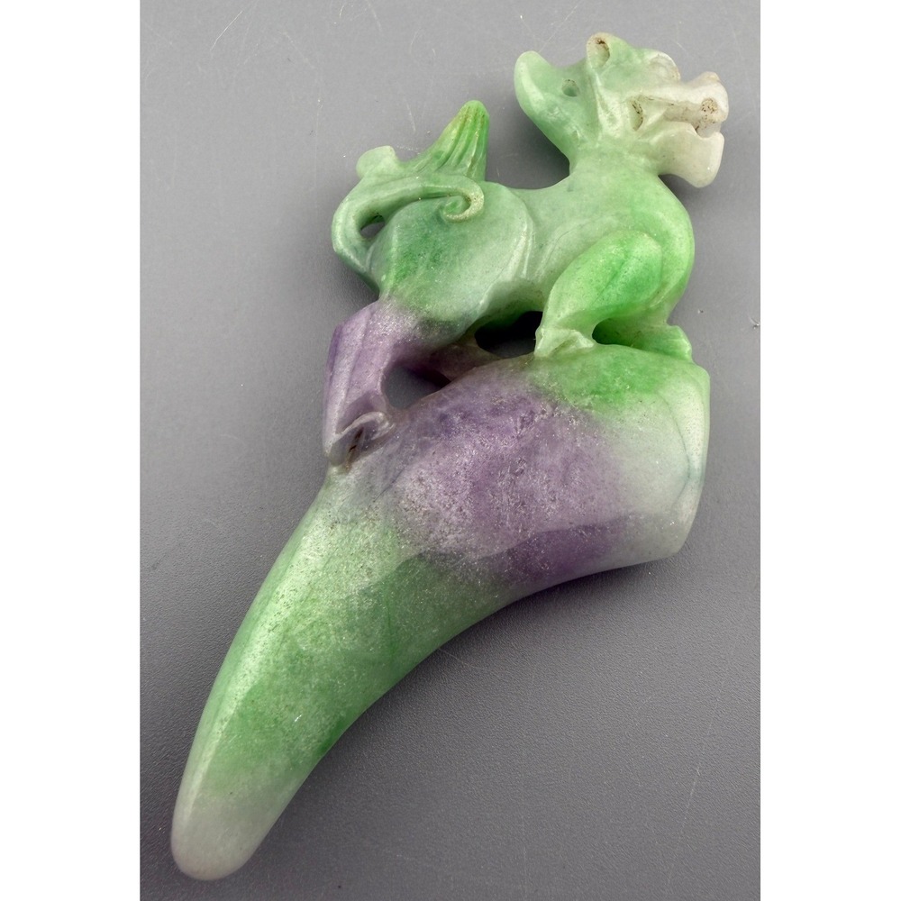 Vintage Pixiu Asian Pendant Carved Hardstone Green Lavender Stone